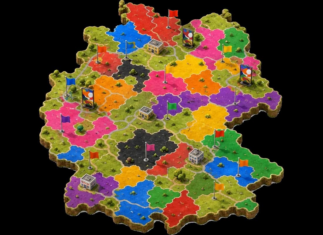 Illustration einer bunten Deutschlandkarte aus vielen unregelmäßigen Postleitzahl-Gebieten